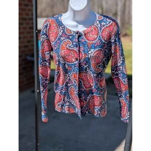 Talbots Petite Merino Wool Cardigan Paisley Print Button Front Sweater SP